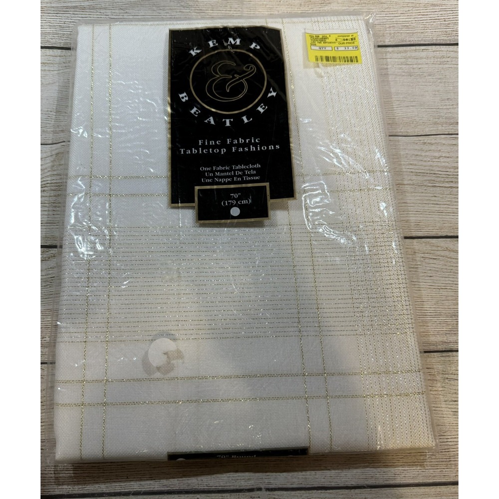 NOS Kemp & Beatley Tablecloth 70" Round Gold Silver White Fine Fabric TubX